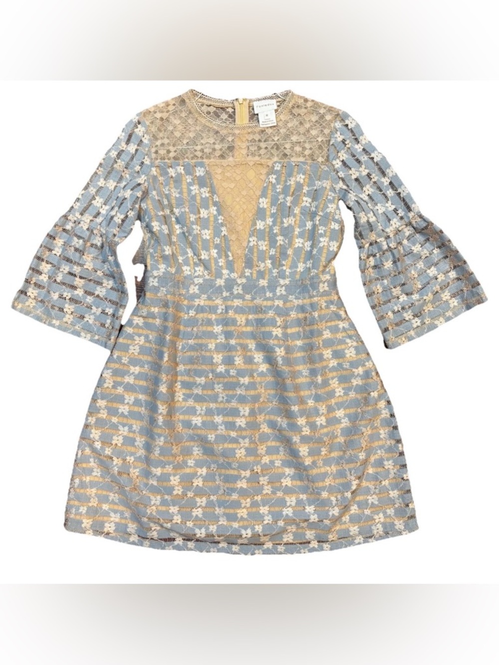 Anthropologie Foxiedox Cordelia Bell Sleeve Mini Dress Light Blue & Tan Lace - M